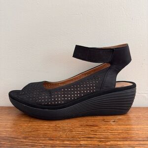 Clarks Reedly Salene Wedge Sandals Perforated Leather Black Size 12